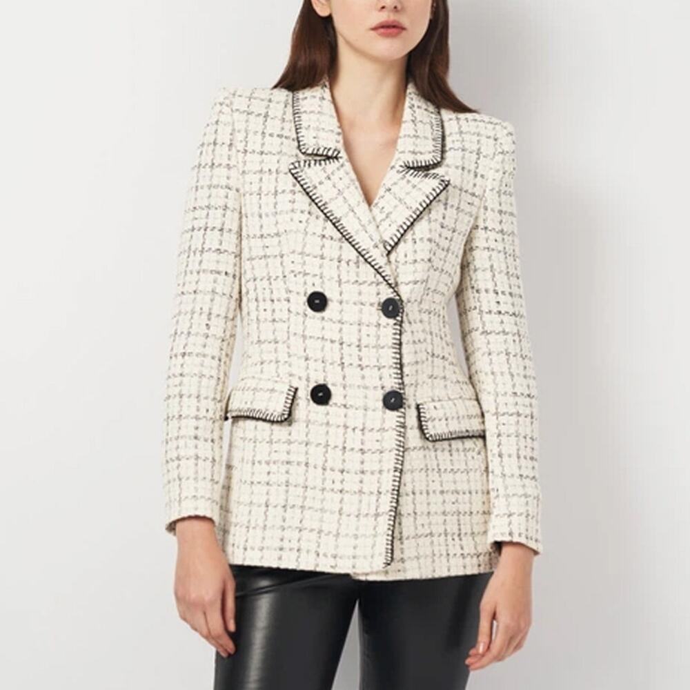 Zara Ivory Black Textured Weave Double Breasted Blazer Jacket Size S